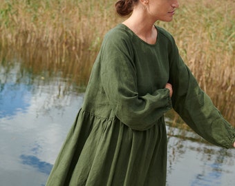 Margo forest green linen dress - Oversized linen dress - Linen dress - Fall linen dress - Long linen dress