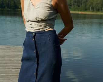 Falda azul marino pesada Heidi - Falda de lino pesado -Falda de lino larga - Falda de botón a presión de lino - Falda de lino pesado lavada