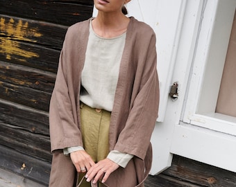 Ruth cacao jacket -Long linen jacket - Heavy linen jacket - Linen coat - Washed linen coat - Linen cardigan