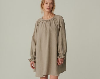 Agata naturel grijze linnen jurk - Oversized linnen jurk - Jurk met ballonmouwen - Zomerse linnen jurk - Losse linnen jurk - Linnen jurk