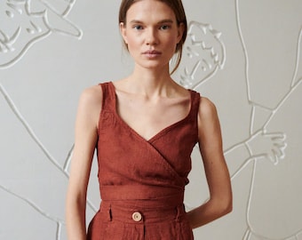 Top gaufré Soja terracotta - Top cache-cœur en lin - Blouses en lin - Vêtements en lin pour femme