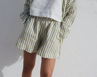 Kim olive stripes linen shorts - Wide linen shorts - Summer linen shorts - Beach linen - Linen stripes