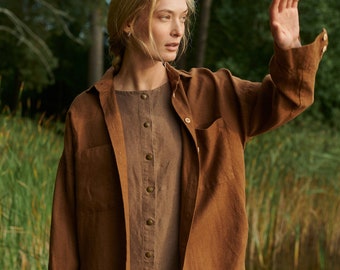 Vika brown linen wool blend shirt - Wool shirt - Linen wool shirt - Drop shoulder shirt - Oversized wool shirt