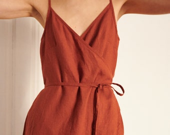 Ruby terracotta dress - Spaghetti strap linen dress- Linen dress - Wrap linen dress