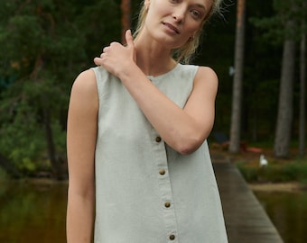 Selma heavy natural grey dress - Heavy linen dress - Mini linen dress - Washed linen heavy dress - Snap button linen dress