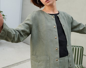 Leone heavy pine green jacket - Heavy linen jacket - Long linen jacket - Washed linen coat - Linen cardigan