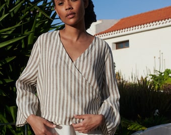 Ready to ship - Georgia cacao stripes linen top - Wrap top - Wrap linen top - Linen top - Linen shirt