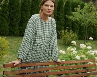 Margo green gingham linen dress - Linen dress - Fall linen dress - Long linen dress