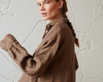 Vika cacao waffle shirt - Oversized linen shirt - Washed linen shirt - Linen shirt - Drop shoulder shirt