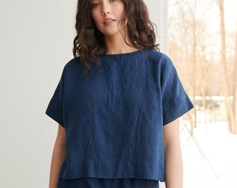 Marineblaues Oberteil Mona - Basic Leinen Top - Leinenbluse - Oversized Leinenbluse