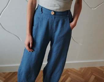 Frankie stellar blue trousers - Barrel trousers - Linen trousers - Loose linen pants - Linen pants