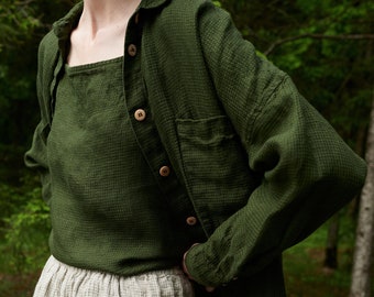 Vika forest green waffle shirt - Oversized linen shirt - Washed linen shirt - Linen shirt - Drop shoulder shirt