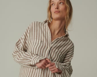 Camisa de lino con rayas cacao de Vika, lista para enviar. Camisa de lino lavado. Camisa de lino. Camisa de hombros caídos. Camisa de lino oversize.