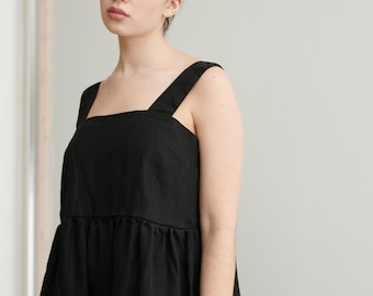 Summer black dress - Linen dress - Summer linen dress - Midi dress - Loose linen dress - Simple linen dress - Pinafore dress