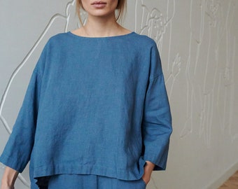 Harper stellaire blauwe tuniek - Linnen blouse - Linnen tuniek - Linnen overhemd - Linnen top - Losse linnen blouse