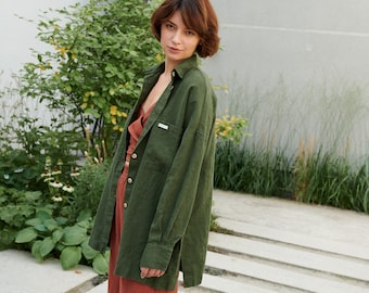 Vika forest green shirt - Washed linen shirt - Linen shirt - Drop shoulder shirt - Oversized linen shirt