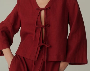 Top de lino rojo burdeos Marina - Top con lazo en la parte delantera - Blusa de lino - Blusa de lino suelta - Top de manga larga - Top de lino - Top con lazo