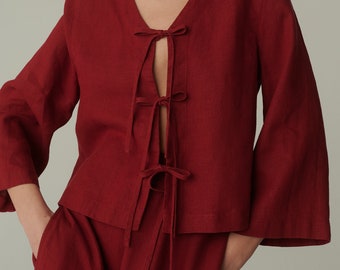 Marina burgundy red linen top - Tie up front top - Linen blouse - Loose linen blouse - Long sleeved top - Linen top - Tie up top