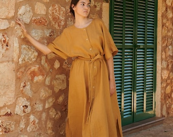 Athiec camel oversized linen dress - Snap button linen dress - Summer linen dress - Linen tunic dress - Maxi linen dress -