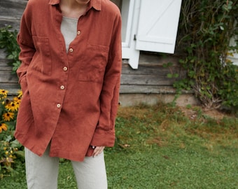 Vika terracotta shirt - Washed linen shirt - Linen shirt - Drop shoulder shirt - Oversized linen shirt