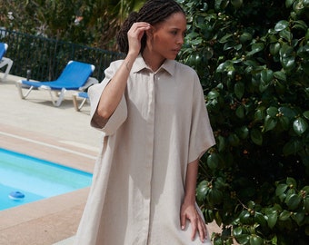 Annika beige linen dress - Oversized dress - Snap button linen dress - Maxi linen dress - Button down dress - Shirt dress