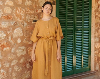 Athiec camel oversized linen dress - Snap button linen dress - Summer linen dress - Linen tunic dress - Maxi linen dress -