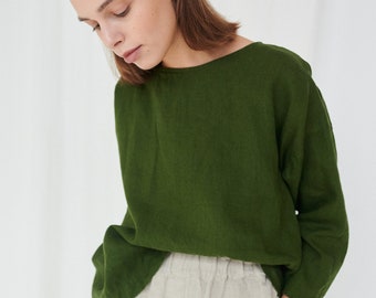 Harper forest green tunic - Drop shoulder blouse - Linen blouse - Linen tunic - Linen top - Oversized linen top