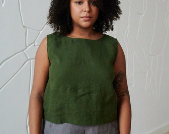 Crop forest green top - Basic linen top - Linen tank top - Linen blouse - Soft linen clothing - Washed linen top