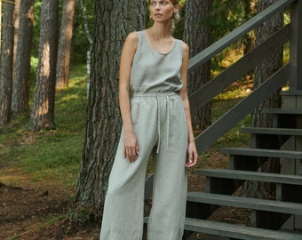 Pantalon gris naturel Zoya - Pantalon baril - Pantalon en lin - Pantalon ample en lin - Pantalon en lin