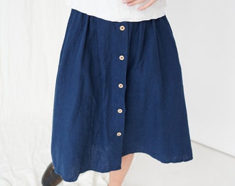 Jumanji navy blue skirt - Linen skirt - Linen skirt with buttons - Washed linen skirt - Soft linen skirt - Basic linen skirt