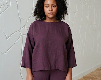 Harper aubergine violet tuniek - Linnen blouse - Linnen tuniek - Linnen overhemd - Linnen top - Losse linnen blouse