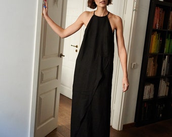 Mira black dress - Spaghetti strap linen dress- Linen dress - Long linen dress