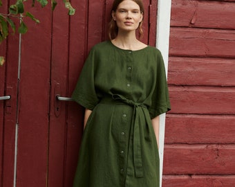 Athiec forest green linen dress - Snap button linen dress - Oversized dress - Summer linen dress - Linen tunic dress - Maxi linen dress -