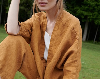 Rene camel waffle linen jacket - Medium weight linen jacket - Linen coat - Washed linen coat - Linen cardigan