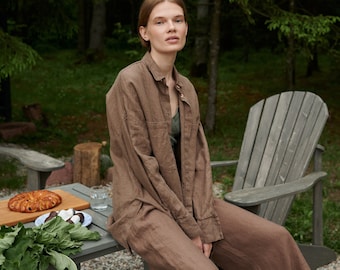 Vika cacao shirt - Washed linen shirt - Linen shirt - Drop shoulder shirt - Oversized linen shirt