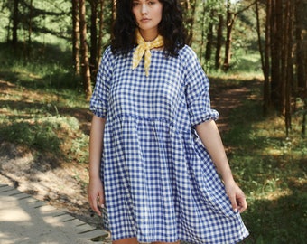 Beth Blue Gingham dress - Gingham Linen Dress - Summer linen dress