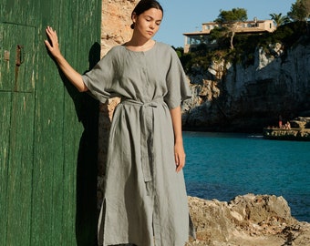 Athiec neutral grey oversized linen dress - Snap button linen dress - Summer linen dress - Linen tunic dress - Maxi linen dress -