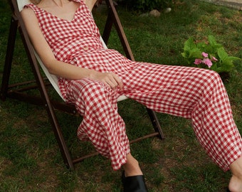 Frankie red gingham linen trousers - Linen pants - Linen Trousers - Gingham Linen Trousers