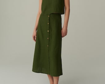 Maricela forest green linen skirt - Long linen skirt - Linen snap button skirt - Button skirt - Summer skirt - Linen skirt -Long skirt