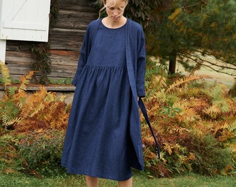 Margo navy blue linen wool blend dress - Wool linen dress - Linen dress - Oversized linen dress - Winter dress -