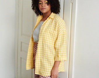 Kay yellow gingham shirt - Linen shirt - Drop shoulder shirt - Oversized linen shirt - Washed linen clothes