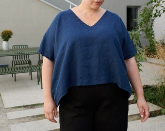 Brie navy blue top - One size top - Oversized linen blouse - Linen top - Linen tunic