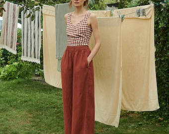 Brenna terracotta linen trousers - Long linen pants - Wide summer linen trousers - Linen culottes