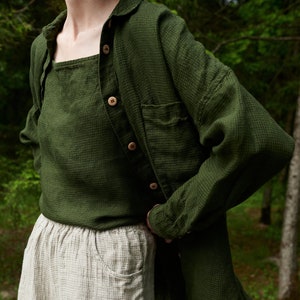 Vika forest green waffle shirt - Oversized linen shirt - Washed linen shirt - Linen shirt - Drop shoulder shirt