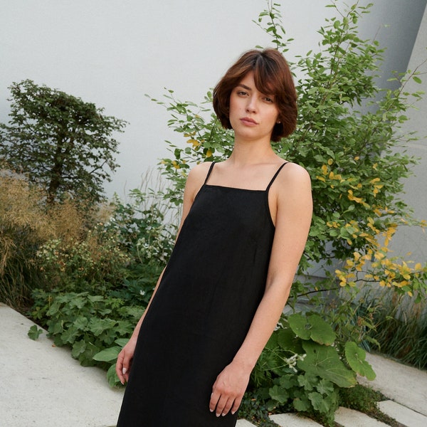 Aurora black dress - Linen dress - Long dress with straps - Summer dress - Soft linen dress - Minimal linen dress