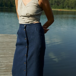 Heidi heavy navy blue skirt - Heavy linen skirt -Long linen skirt - Linen snap button skirt - Washed heavy linen skirt