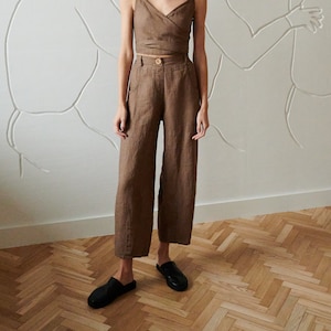 Ready to ship - Frankie cacao waffle linen trousers - Barrel linen trousers - Washed linen trousers - Soft linen linen trousers