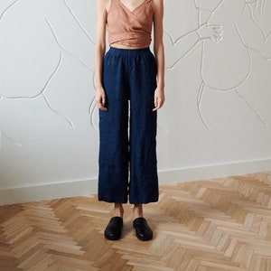 Ocean navy blue waffle trousers - Washed linen trousers - Linen pants - Wide linen trousers