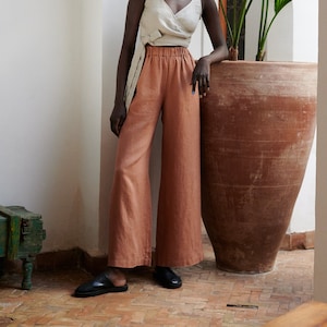 Brenna mocha mousse linen trousers - Long linen pants - Wide summer linen trousers - Linen culottes