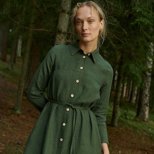 Astrid green linen wool blend dress - Wool linen dress - Linen dress - Shirt linen dress - Winter dress